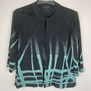 Ming Wang Jacket Cardigan Blazer Size L Black Teal Open Front Asian Career